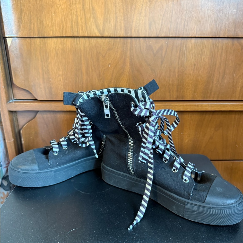 Dolls Kill Black Open-Toe Platform Lace-Up Sneakers with Striped Ribbon Laces - Picture 5 of 6